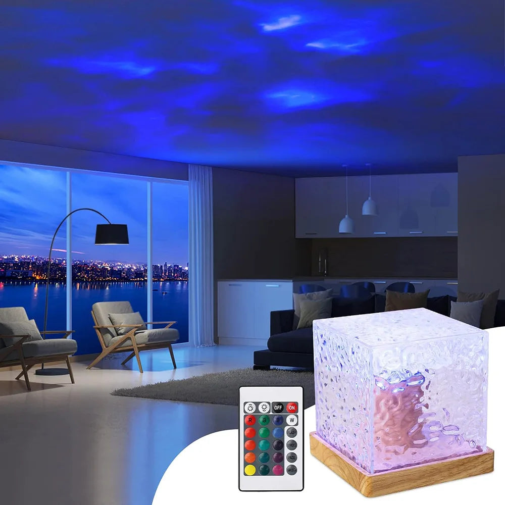 Rotating Water Ripple Night Light Projector Crystal Lamp Decoration Home Bedroom Holiday Gift Sunset Lights with Remote Control